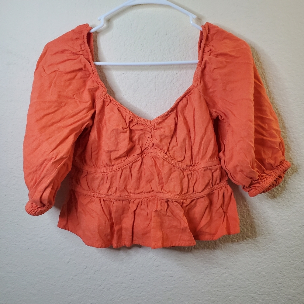 A New Day Oranfe Ruffle Scrunch Half Sleeve Off Shoulder Crop Womens Top Medium
